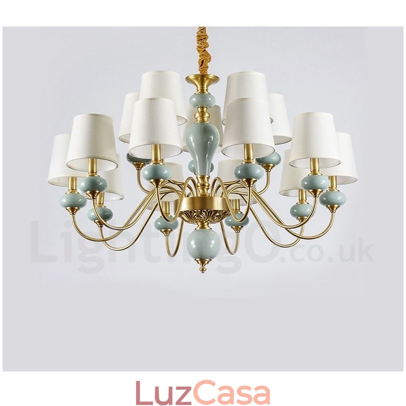 Pure Brass Luxuoso Rústico Retro Vintage Latão Cerâmica Pingente Vela Lustre com Tecido Tons