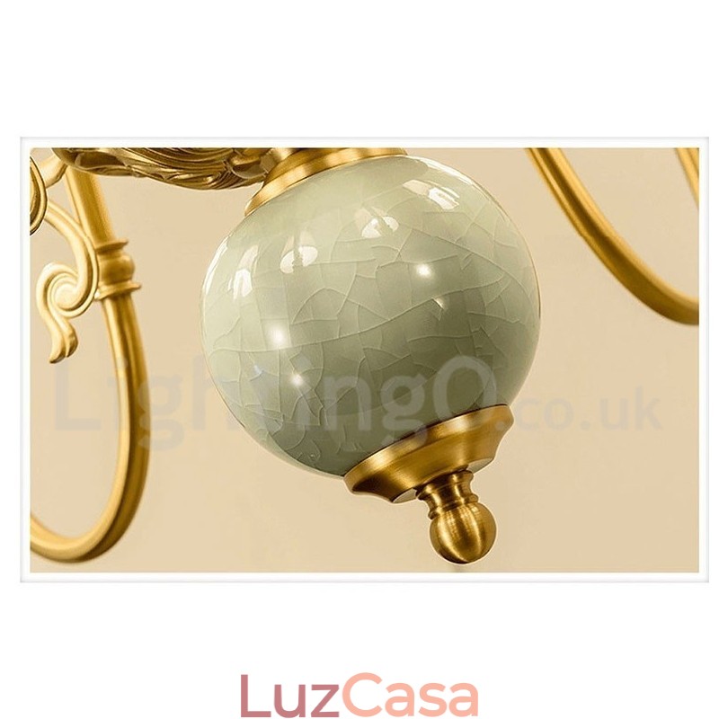 Pure Brass Luxuoso Rústico Retro Vintage Latão Cerâmica Pingente Vela Lustre com Tecido Tons