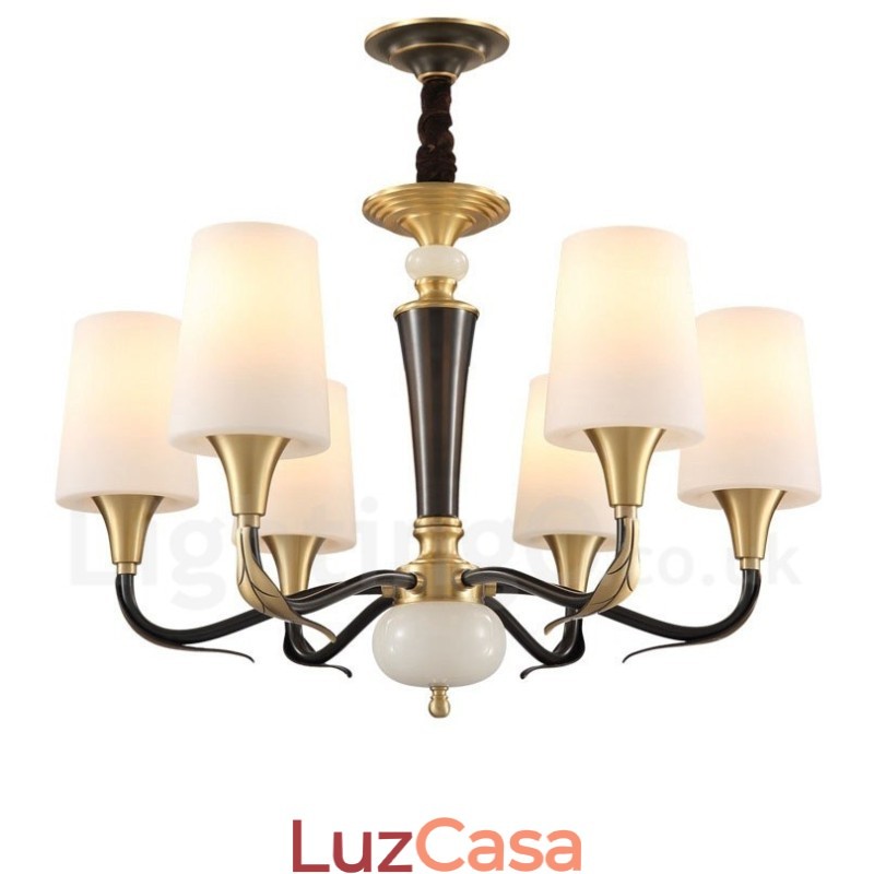 Pure Brass Luxuoso Rústico Retro Vintage Latão Pedra Pingente Vela Lustre com Tons de Vidro