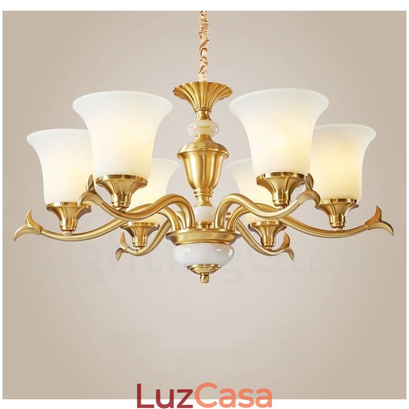 Pure Brass Luxuoso Rústico Retro Vintage Latão Pedra Pingente Vela Lustre com Tons de Vidro