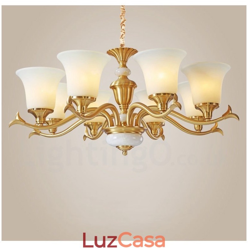 Pure Brass Luxuoso Rústico Retro Vintage Latão Pedra Pingente Vela Lustre com Tons de Vidro
