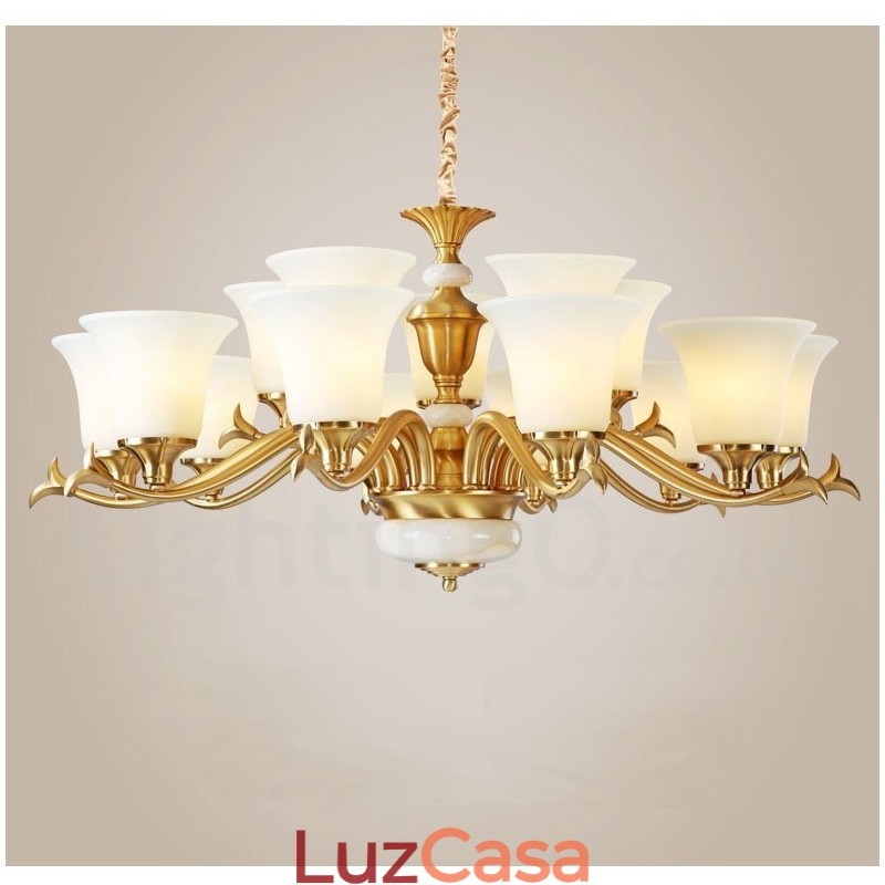 Pure Brass Luxuoso Rústico Retro Vintage Latão Pedra Pingente Vela Lustre com Tons de Vidro