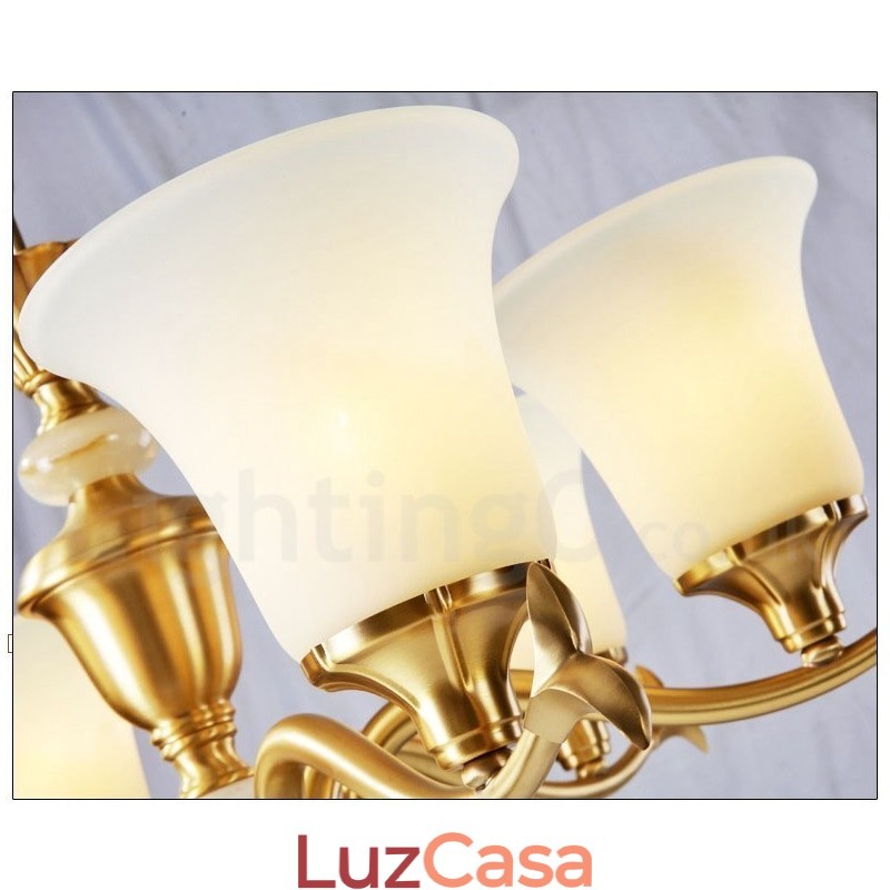 Pure Brass Luxuoso Rústico Retro Vintage Latão Pedra Pingente Vela Lustre com Tons de Vidro