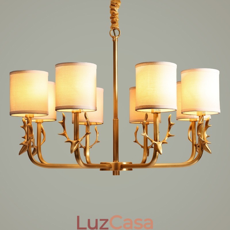 Pure Brass Luxuoso Rústico Retro Vintage Latão Pingente Vela Lustre com Tecido Tons