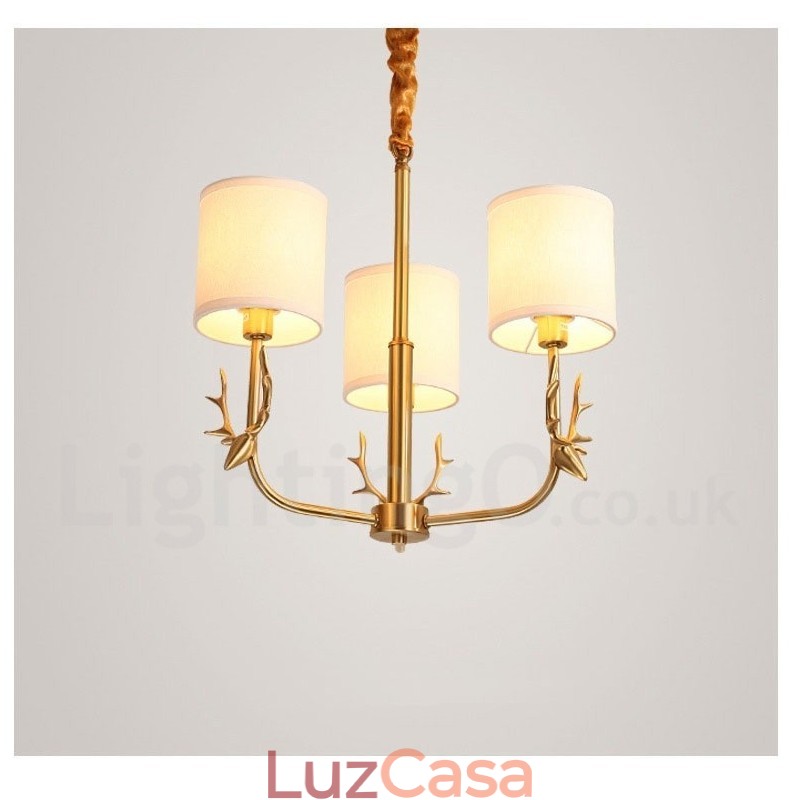 Pure Brass Luxuoso Rústico Retro Vintage Latão Pingente Vela Lustre com Tecido Tons