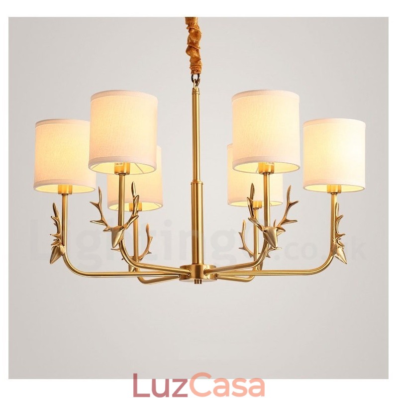 Pure Brass Luxuoso Rústico Retro Vintage Latão Pingente Vela Lustre com Tecido Tons