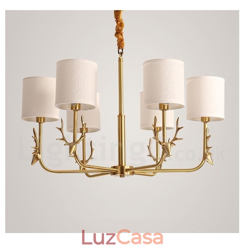 Pure Brass Luxuoso Rústico Retro Vintage Latão Pingente Vela Lustre com Tecido Tons