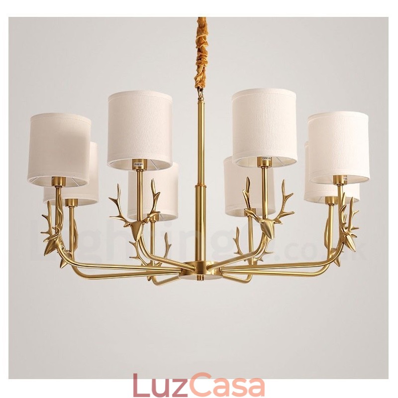 Pure Brass Luxuoso Rústico Retro Vintage Latão Pingente Vela Lustre com Tecido Tons
