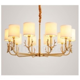 Pure Brass Luxuoso Rústico Retro Vintage Latão Pingente Vela Lustre com Tecido Tons