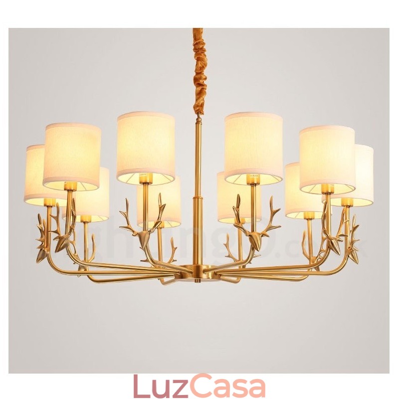 Pure Brass Luxuoso Rústico Retro Vintage Latão Pingente Vela Lustre com Tecido Tons