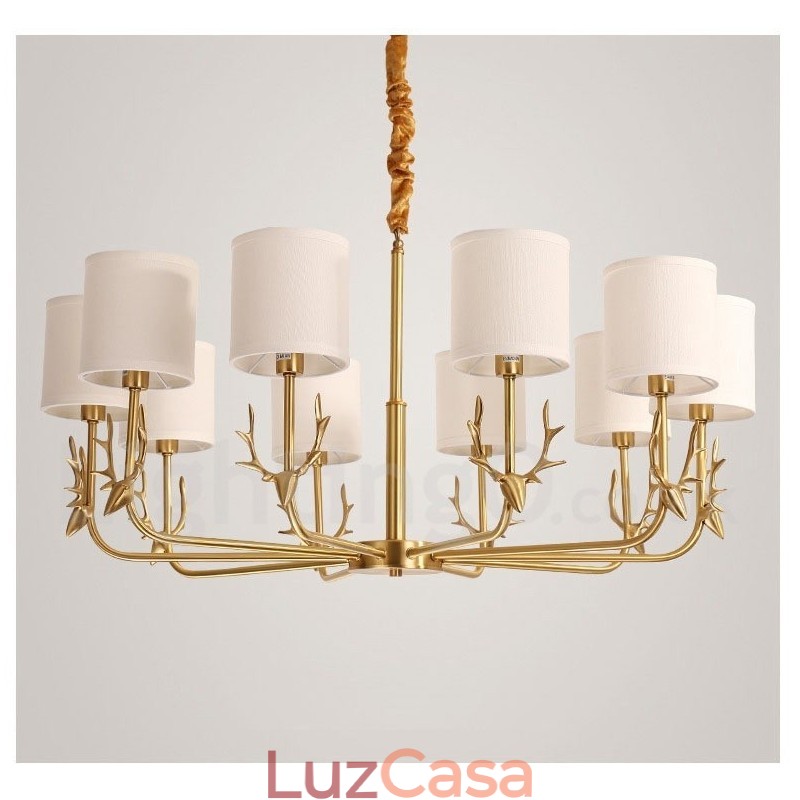 Pure Brass Luxuoso Rústico Retro Vintage Latão Pingente Vela Lustre com Tecido Tons