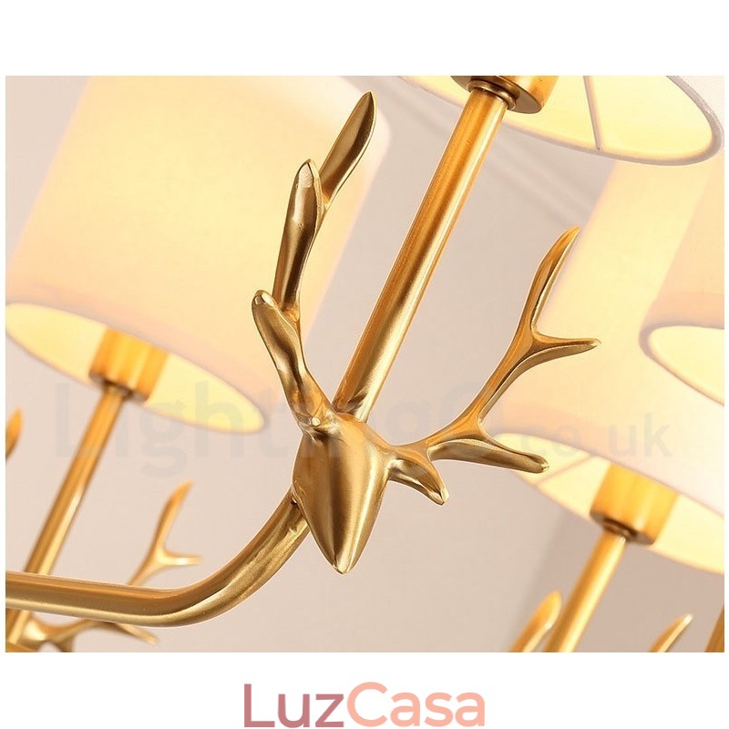 Pure Brass Luxuoso Rústico Retro Vintage Latão Pingente Vela Lustre com Tecido Tons