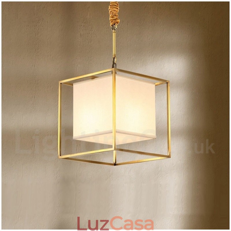 Pure Brass Simples Rústico Retro Vintage Latão Pendente Luz com Tecido Sombra