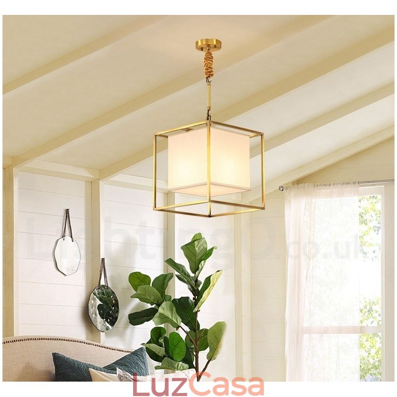 Pure Brass Simples Rústico Retro Vintage Latão Pendente Luz com Tecido Sombra