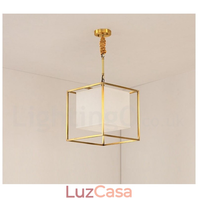 Pure Brass Simples Rústico Retro Vintage Latão Pendente Luz com Tecido Sombra