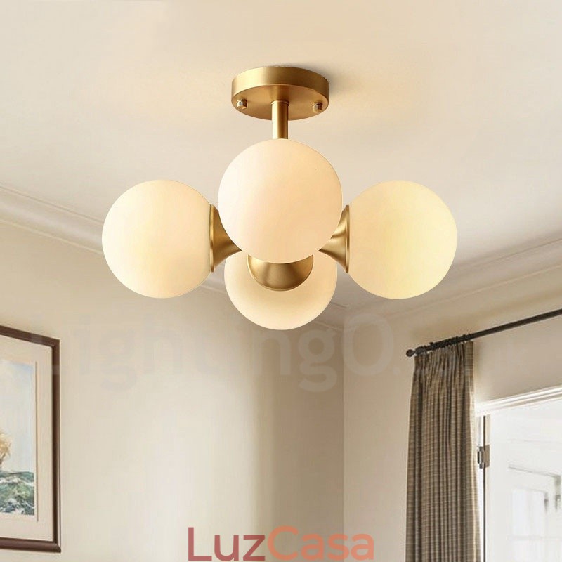 4 Luzes de latão puro moderno contemporâneo simples rústico retrô vintage luz de teto embutida com cúpulas de vidro