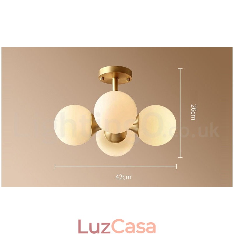 4 Luzes de latão puro moderno contemporâneo simples rústico retrô vintage luz de teto embutida com cúpulas de vidro