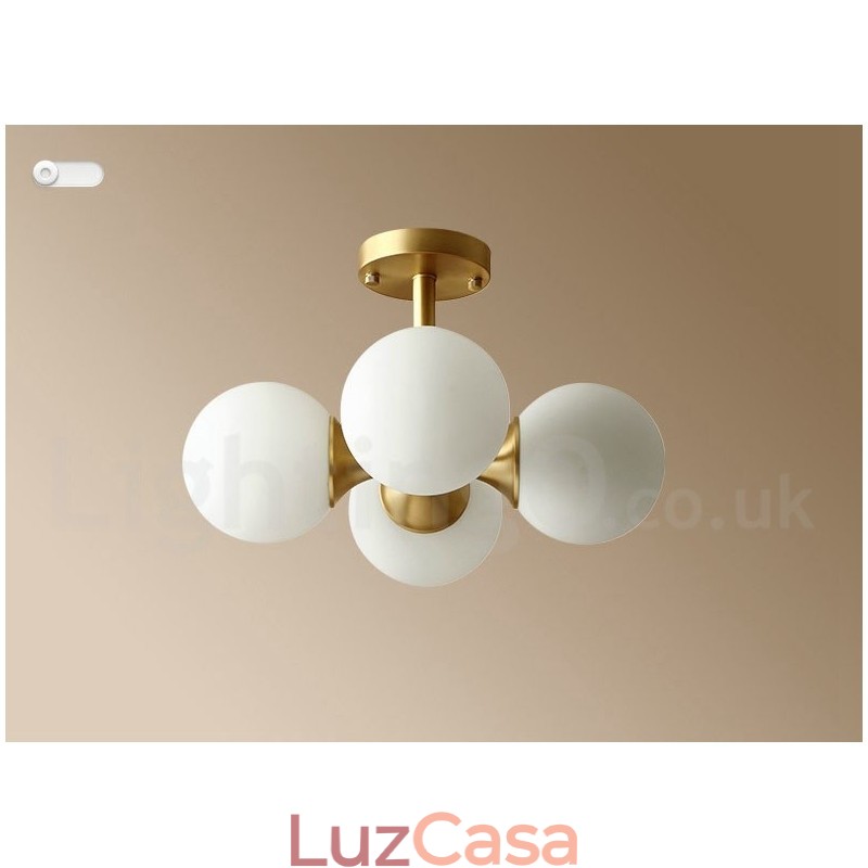 4 Luzes de latão puro moderno contemporâneo simples rústico retrô vintage luz de teto embutida com cúpulas de vidro