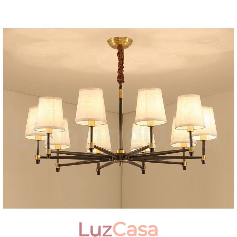 Pure Brass Grande Luxuoso Rústico Retro Vintage Pingente de Latão Lustre com Tons de Tecido