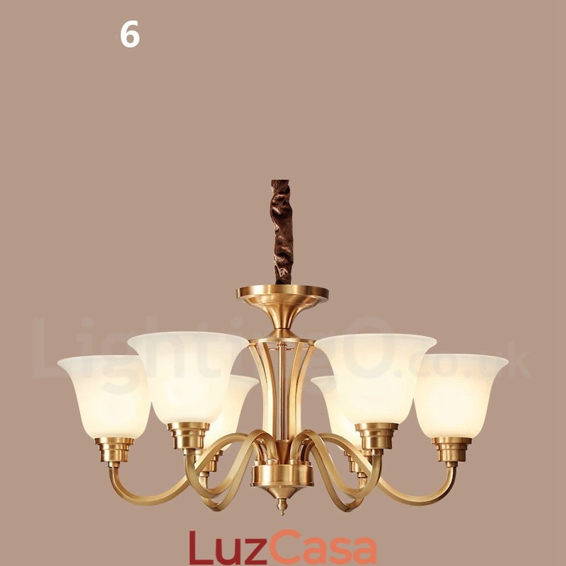 Pure Brass Grande Luxuoso Rústico Retro Vintage Sólido Latão Pingente Lustre com Tons de Vidro