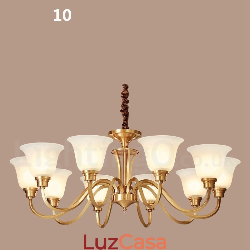 Pure Brass Grande Luxuoso Rústico Retro Vintage Sólido Latão Pingente Lustre com Tons de Vidro