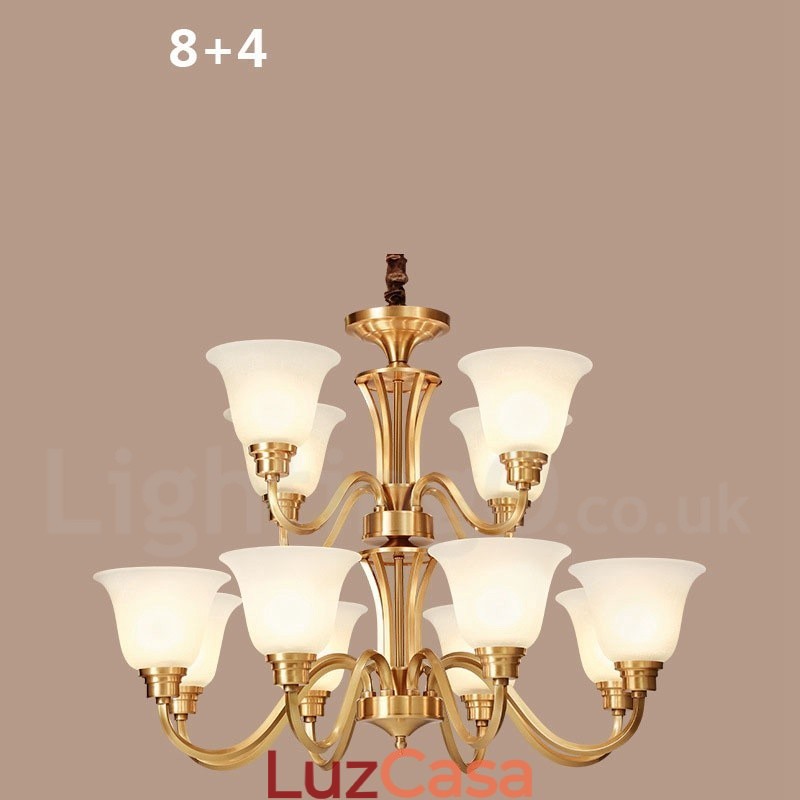 Pure Brass Grande Luxuoso Rústico Retro Vintage Sólido Latão Pingente Lustre com Tons de Vidro