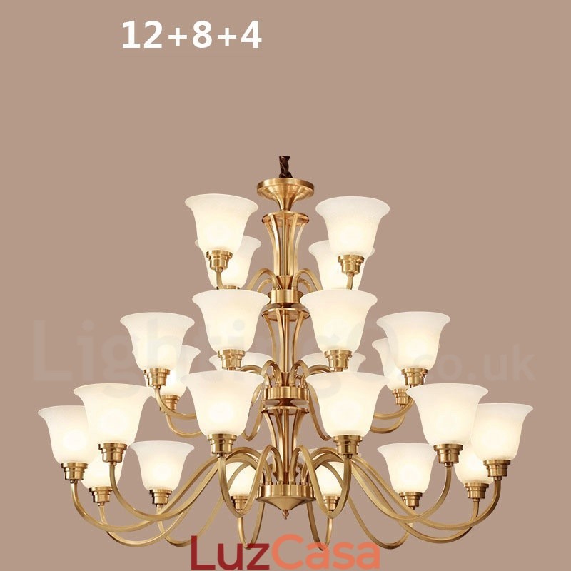 Pure Brass Grande Luxuoso Rústico Retro Vintage Sólido Latão Pingente Lustre com Tons de Vidro