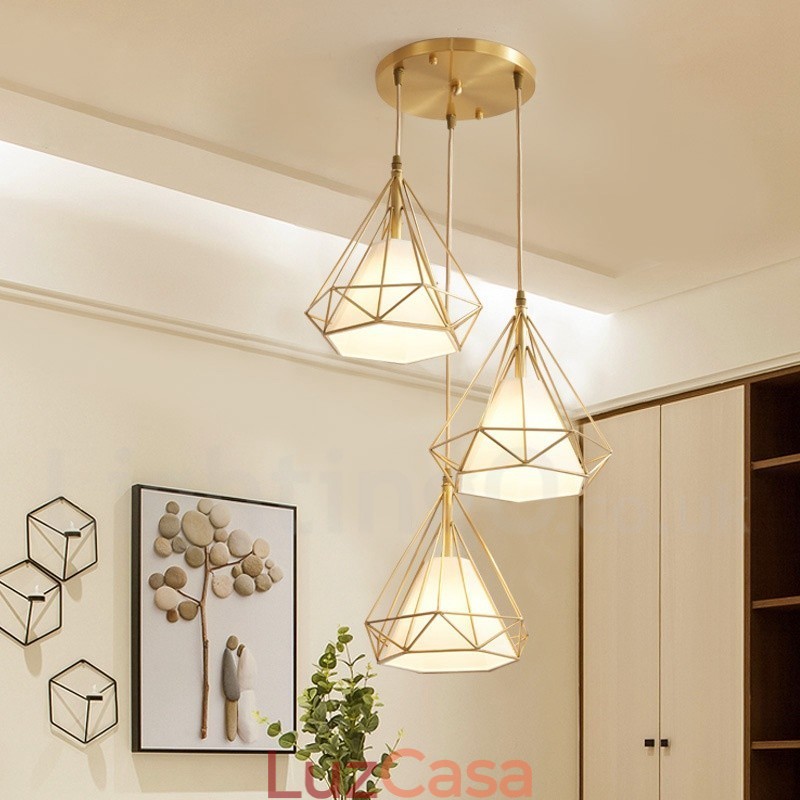 Luminária pendente estilo nórdico em estilo rústico de latão puro com cúpula de tecido