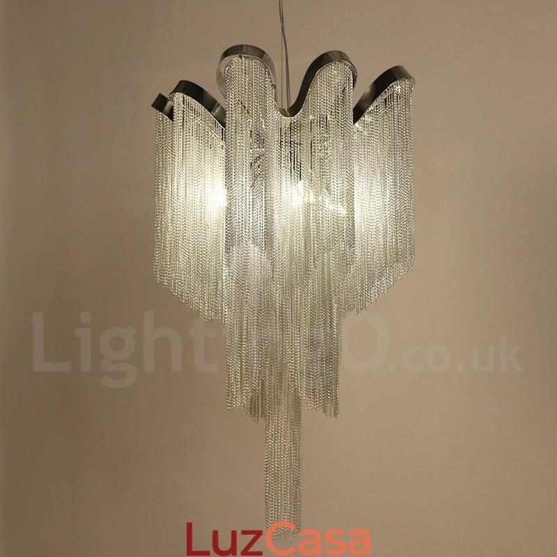 Lustre de borlas de alumínio com pingente de designer, cor prata