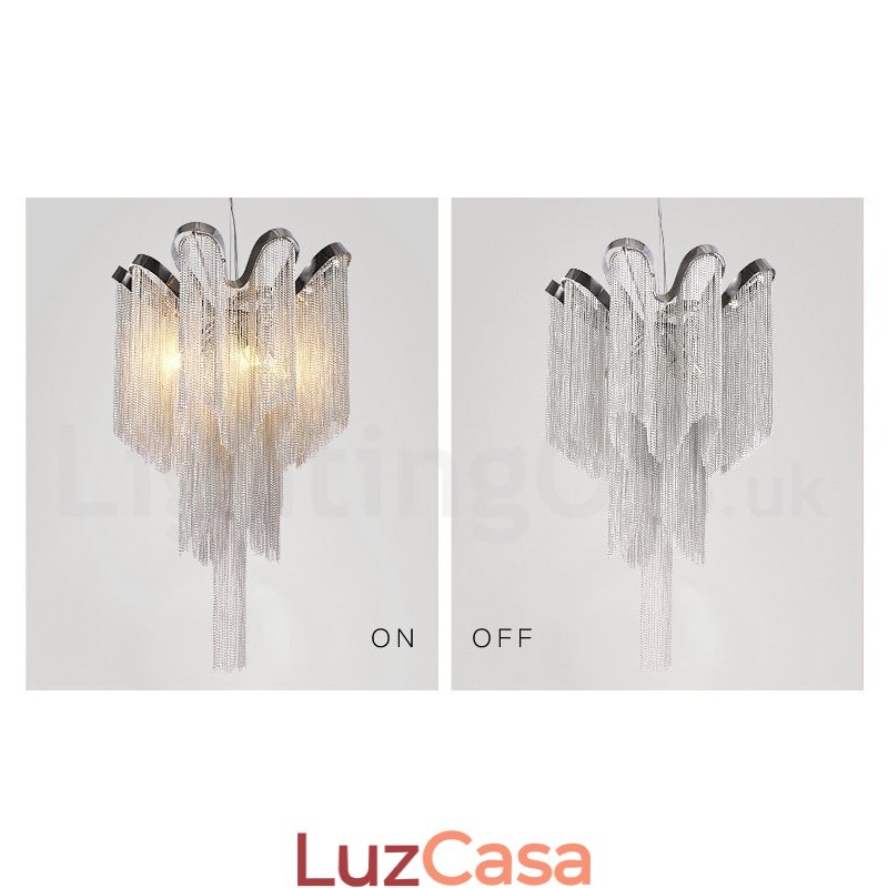 Lustre de borlas de alumínio com pingente de designer, cor prata