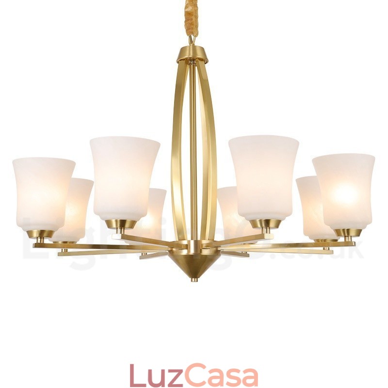 8 Luzes Pure Brass Grande Luxuoso Rústico Retro Vintage Pingente de Latão Lustre com Tons de Vidro