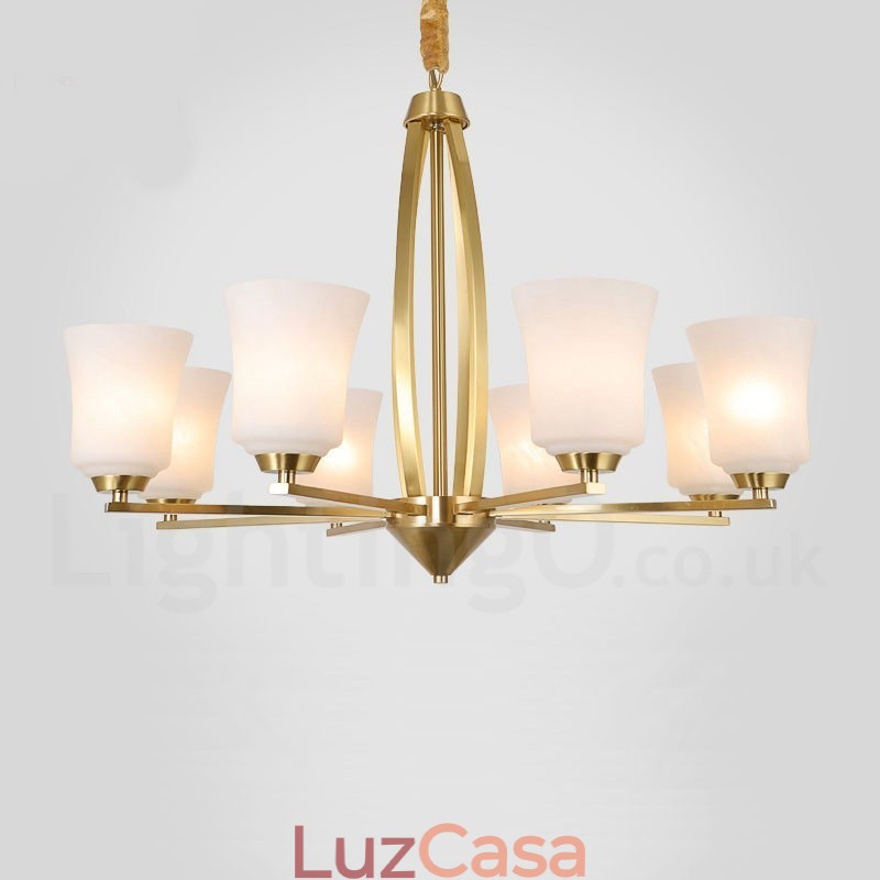 8 Luzes Pure Brass Grande Luxuoso Rústico Retro Vintage Pingente de Latão Lustre com Tons de Vidro