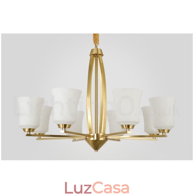 8 Luzes Pure Brass Grande Luxuoso Rústico Retro Vintage Pingente de Latão Lustre com Tons de Vidro