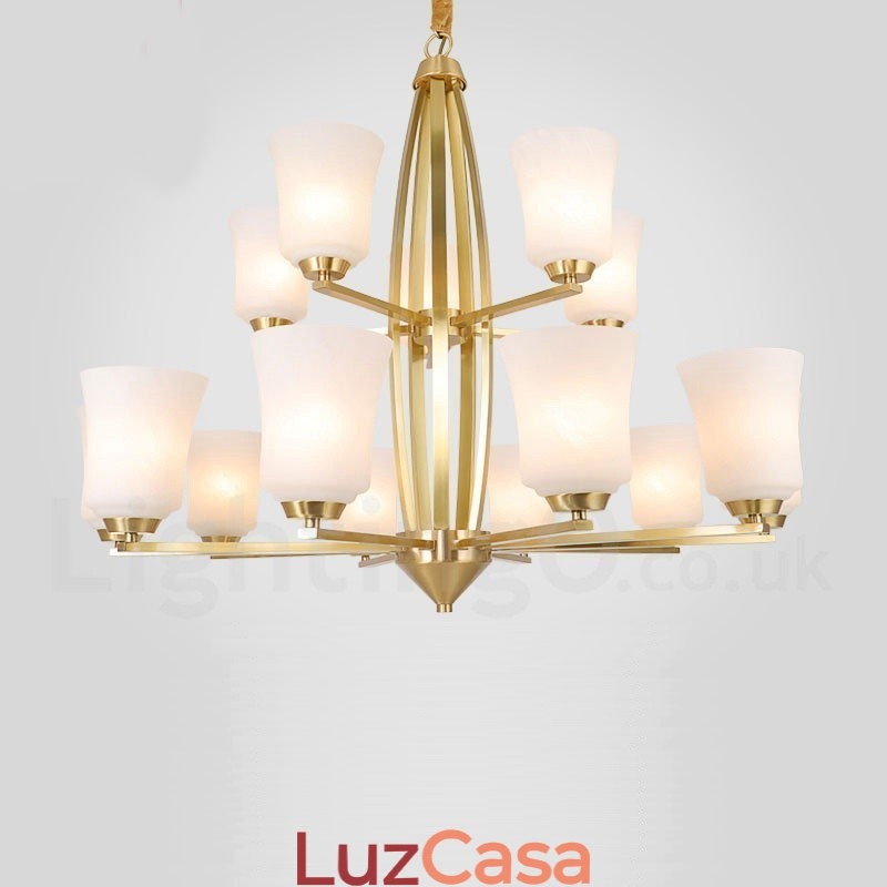 15 Luzes Puro Latão Grande Luxuoso Rústico Retro Vintage Latão Pingente Lustre com Tons de Vidro