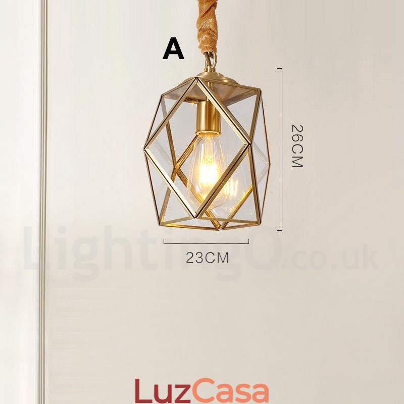 Luminária pendente estilo nórdico rústica de latão puro com cúpula de vidro