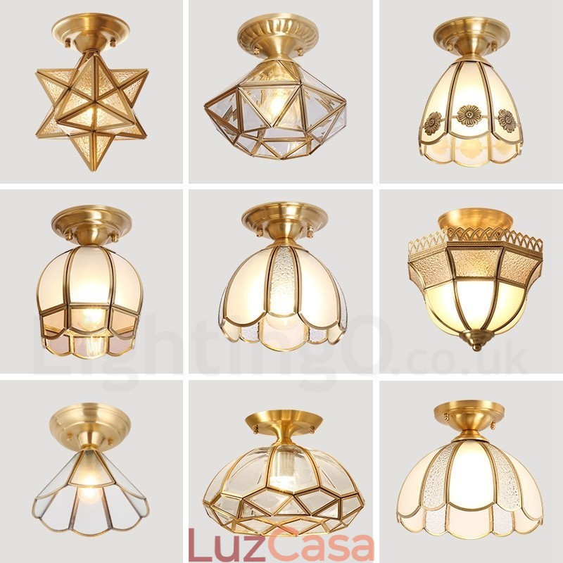 Pure Brass Rustic Lodge Nordic Style Flush Mount Ceiling Light com cúpula de vidro