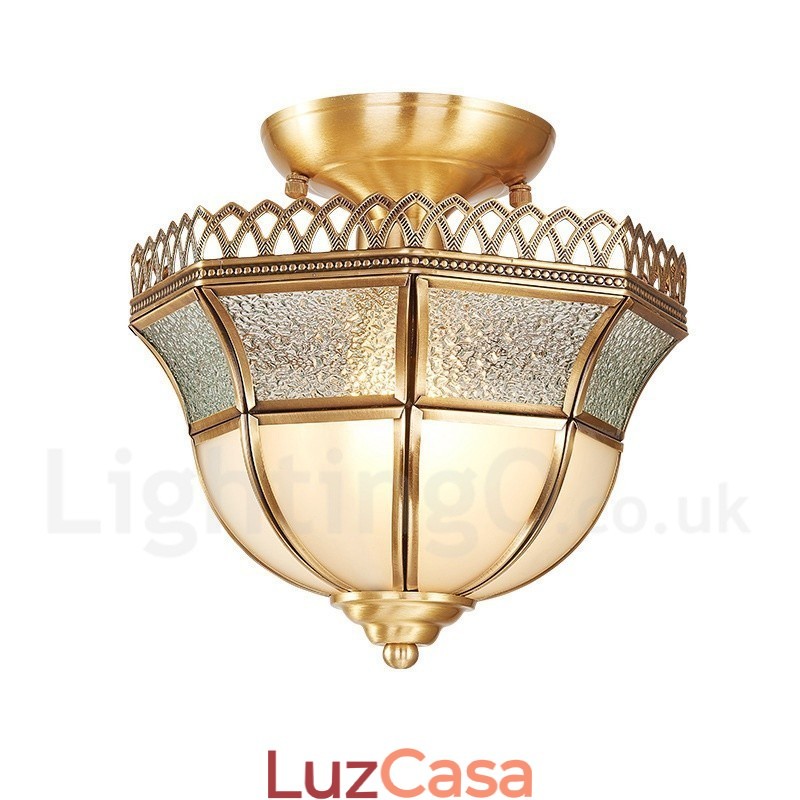 Pure Brass Rustic Lodge Nordic Style Flush Mount Ceiling Light com cúpula de vidro