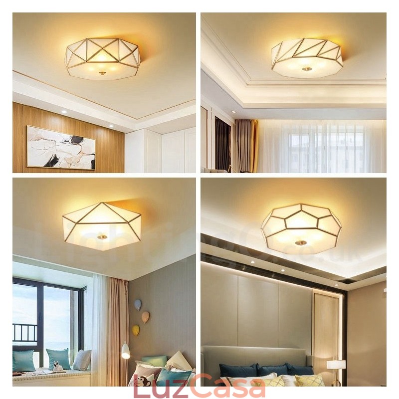 Pure Brass Rustic Lodge Nordic Style Flush Mount Ceiling Light com cúpula de vidro