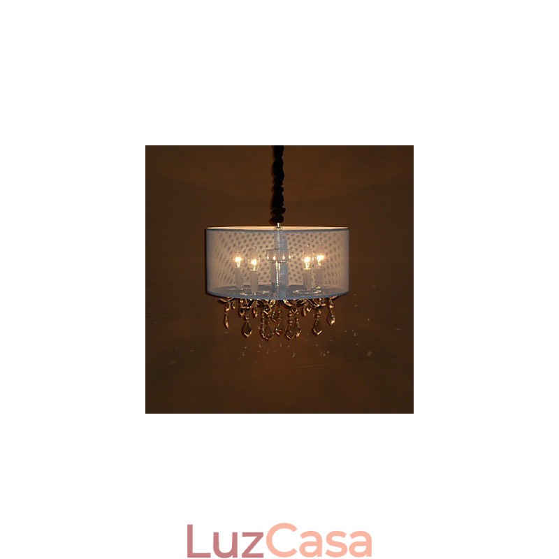 Luminária pendente de cristal contemporânea com 5 luzes e cúpula semitransparente