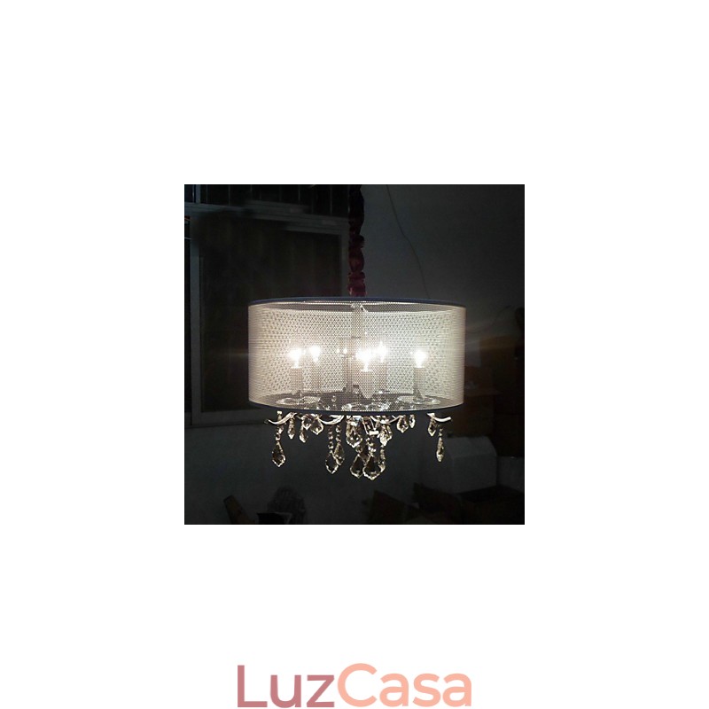 Luminária pendente de cristal contemporânea com 5 luzes e cúpula semitransparente