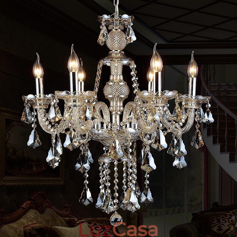 Lustre moderno de cristal K9 com 6 luzes retrô cor conhaque