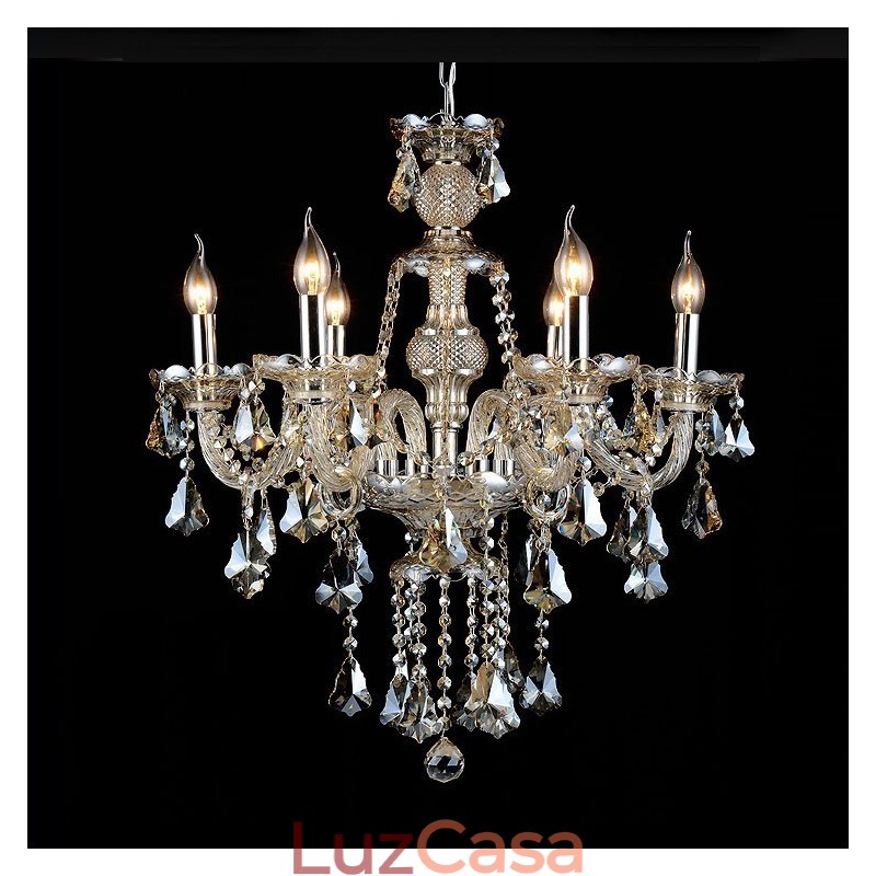 Lustre moderno de cristal K9 com 6 luzes retrô cor conhaque