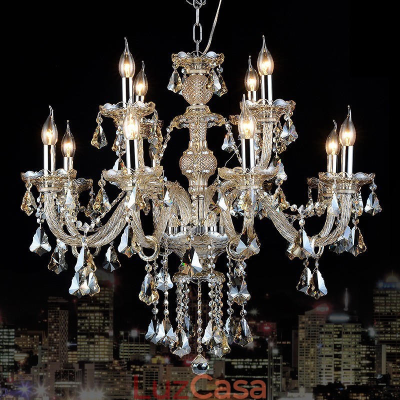Lustre moderno de cristal K9 com 12 luzes retrô cor conhaque