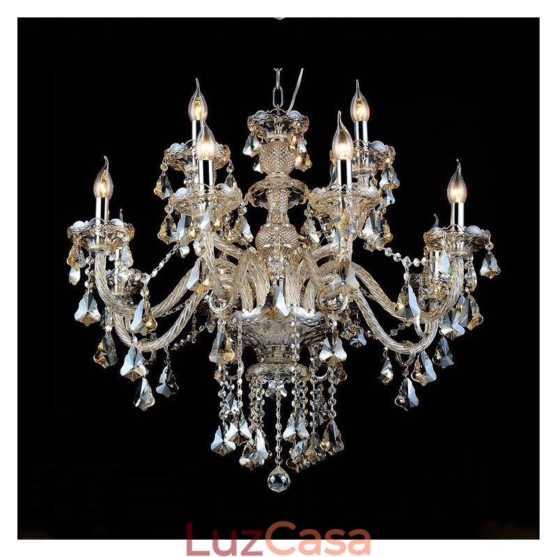 Lustre moderno de cristal K9 com 12 luzes retrô cor conhaque