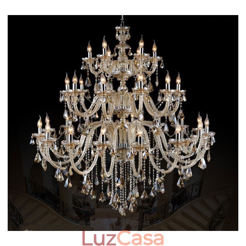 Lustre moderno e luxuoso extra grande de 3 camadas, cor conhaque retrô, cristal K9