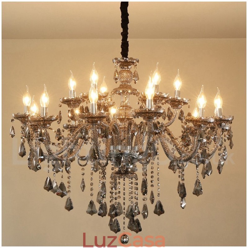 18 Luzes Retro Cinza Cor K9 Cristal Vela Grande Lustre