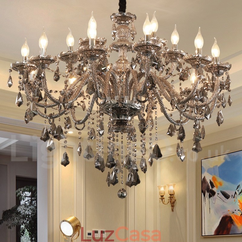 18 Luzes Retro Cinza Cor K9 Cristal Vela Grande Lustre
