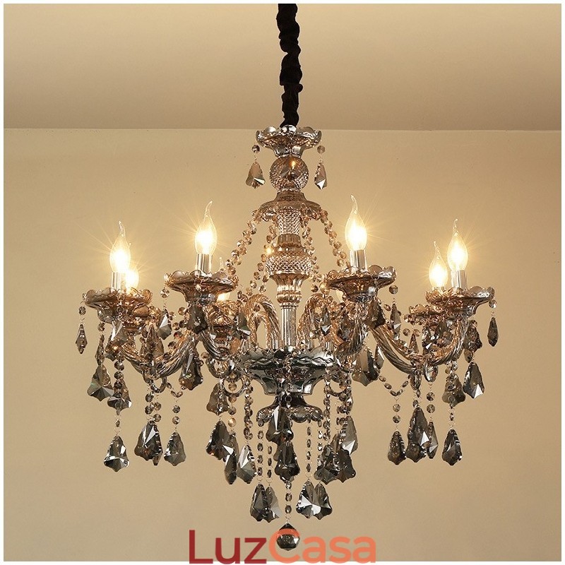 Lustre de cristal K9 retrô com 8 luzes, cor cinza