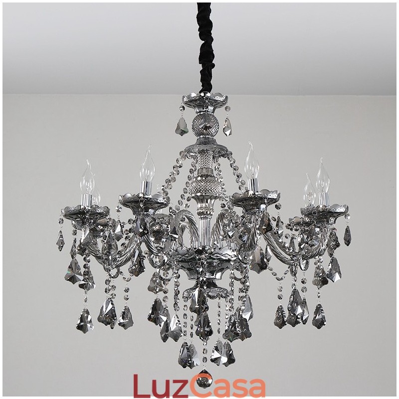 Lustre de cristal K9 retrô com 8 luzes, cor cinza