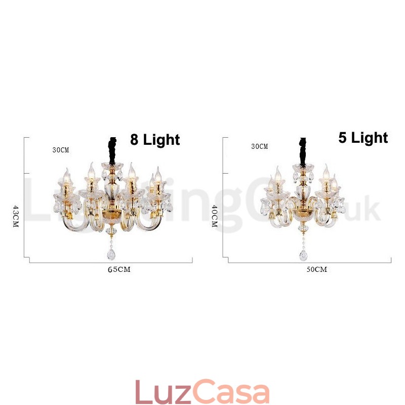 Lustre de vela de cristal transparente K9 cor ouro retrô